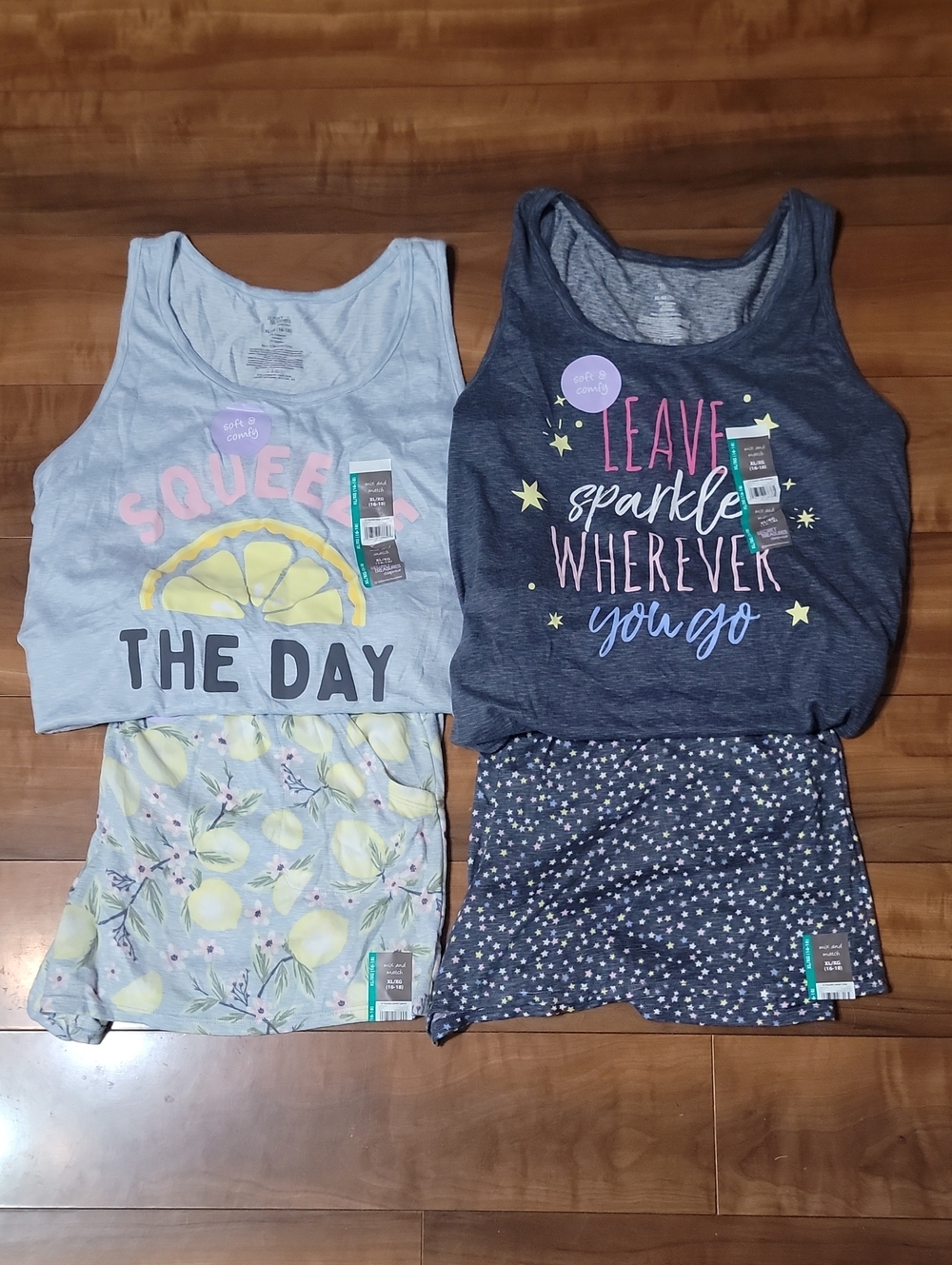 (#15) Secret Treasures Light Blue Lemon & Dark Grey Sparkle Tank Pajama Sets